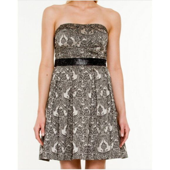 Le Chateau Jacquard Print Fit & Flare Dress Champagne & Black Size XXL - Picture 4 of 4